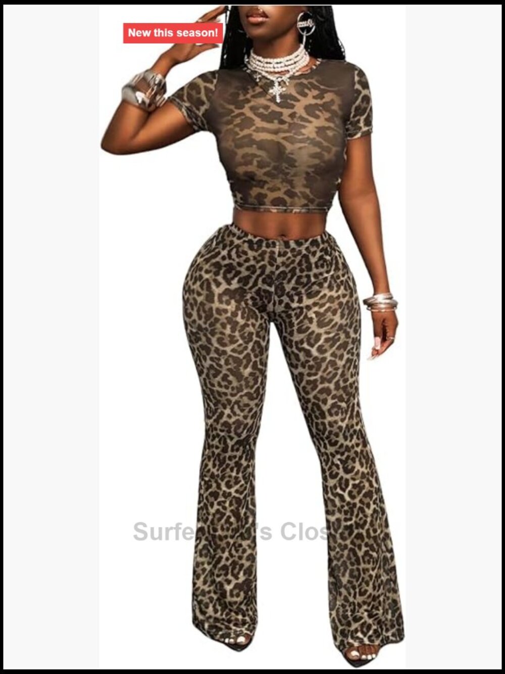 Verdusa Y2K Leopard 2 Piece Set Top with Flare Pants Rave Club Outfit
